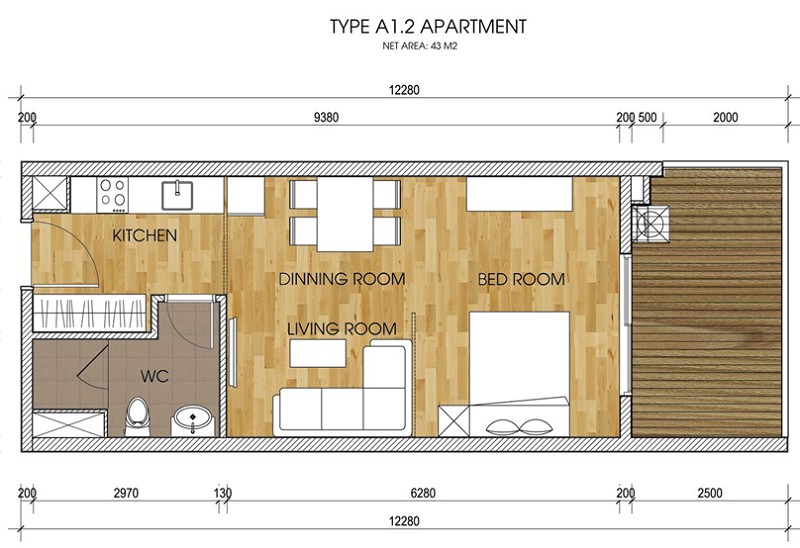 Thiết kế căn hộ 1 phòng ngủ 45m2 the two residence