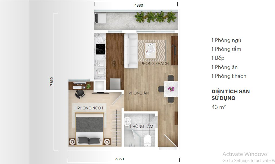 căn hộ 1 phòng ngủ central residence